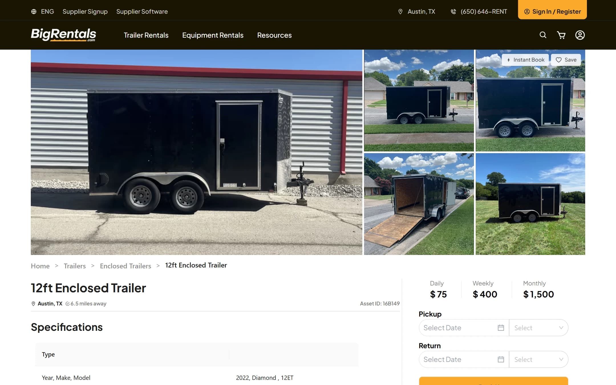 A trailer listing showing specifications alongside daily, weekly, and monthly rates