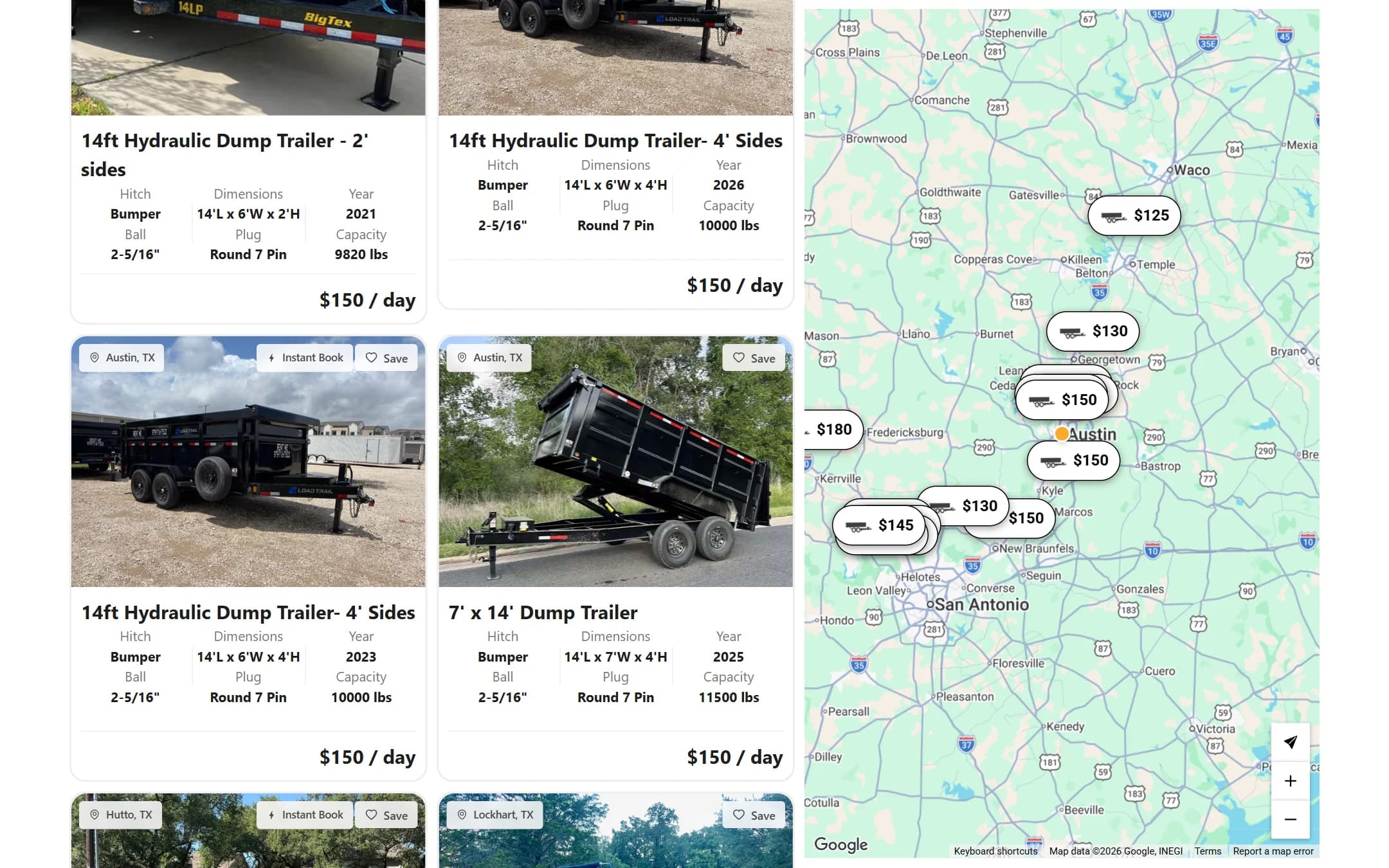 Search results for dump trailers with pricing and availability per listing