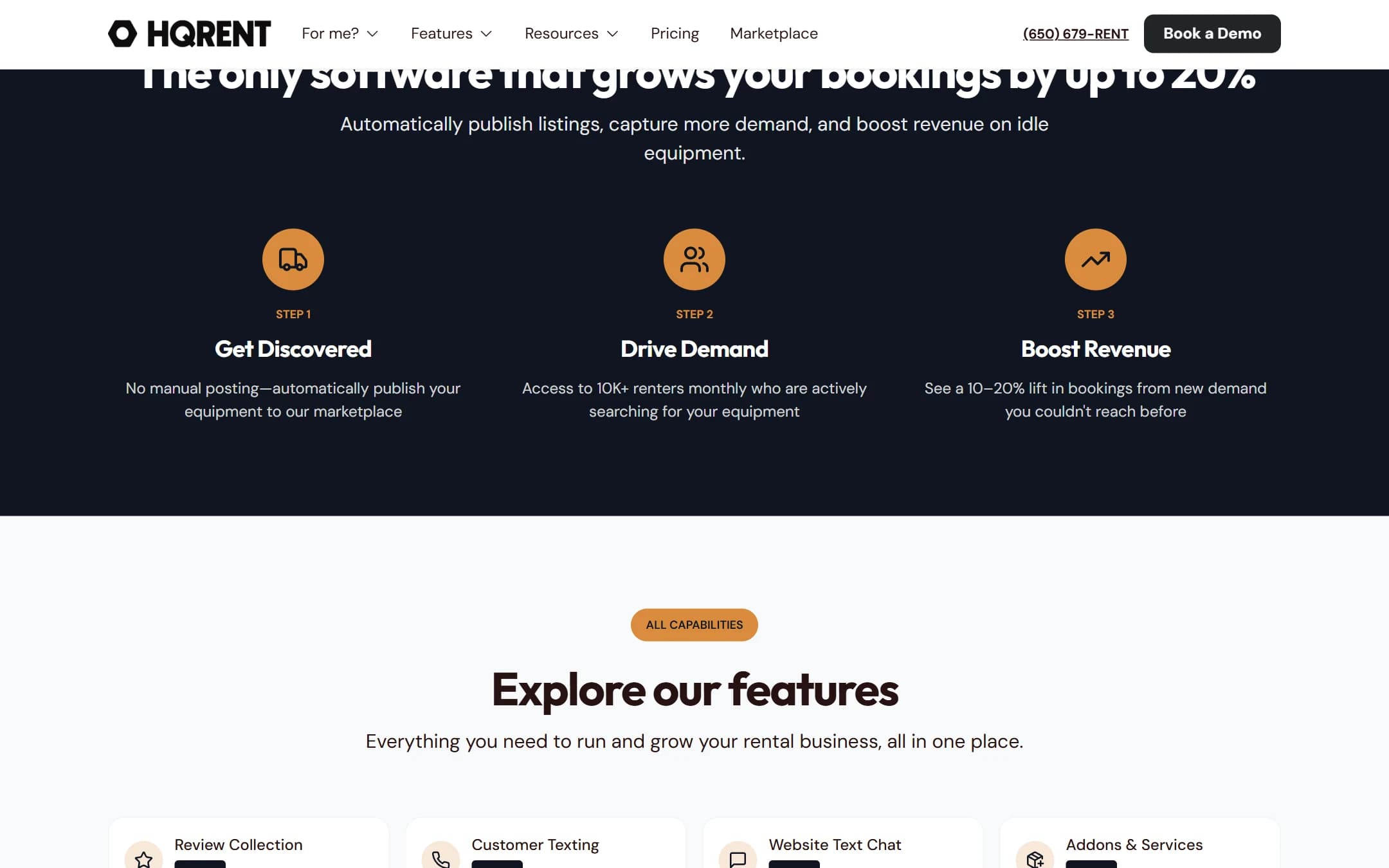 The HQRent growth loop: get discovered, drive demand, boost revenue