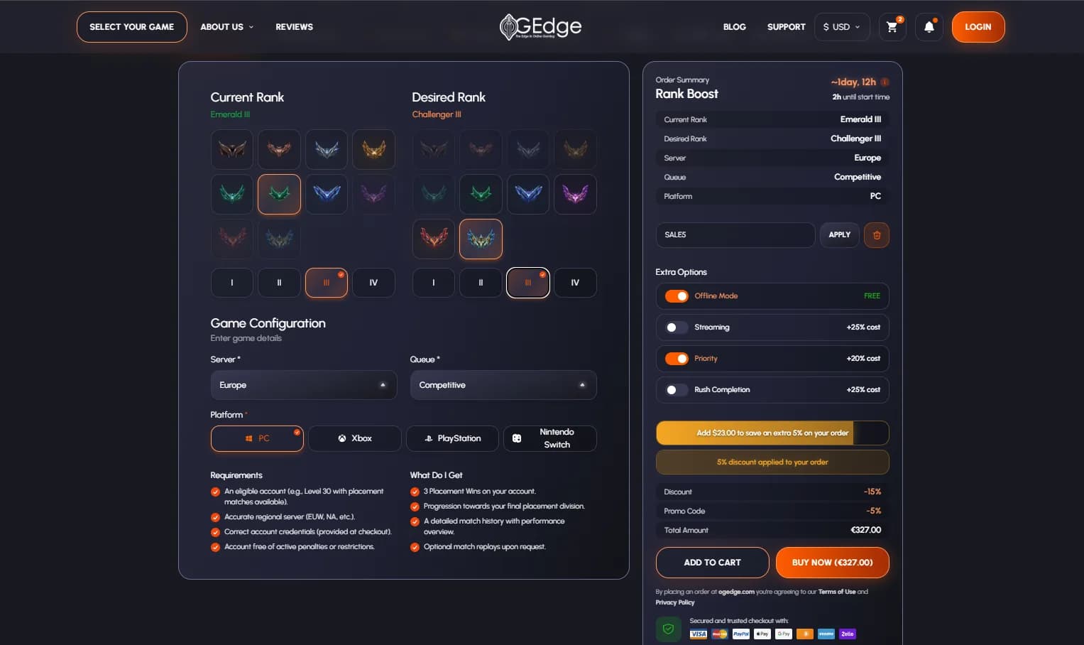 Rank configurator with live order summary and pricing modifiers