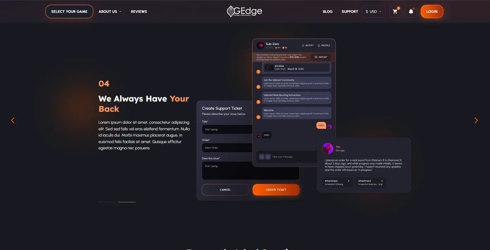 In-order support ticket and live chat between customer and booster