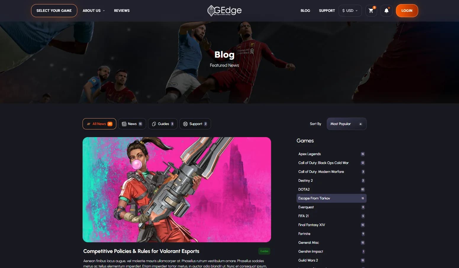 OGEdge content hub with the per-game filter sidebar