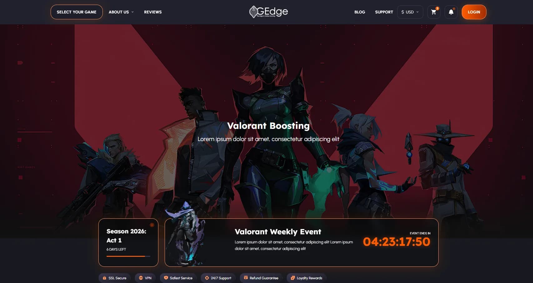 Valorant boosting page with seasonal event countdown and trust badges