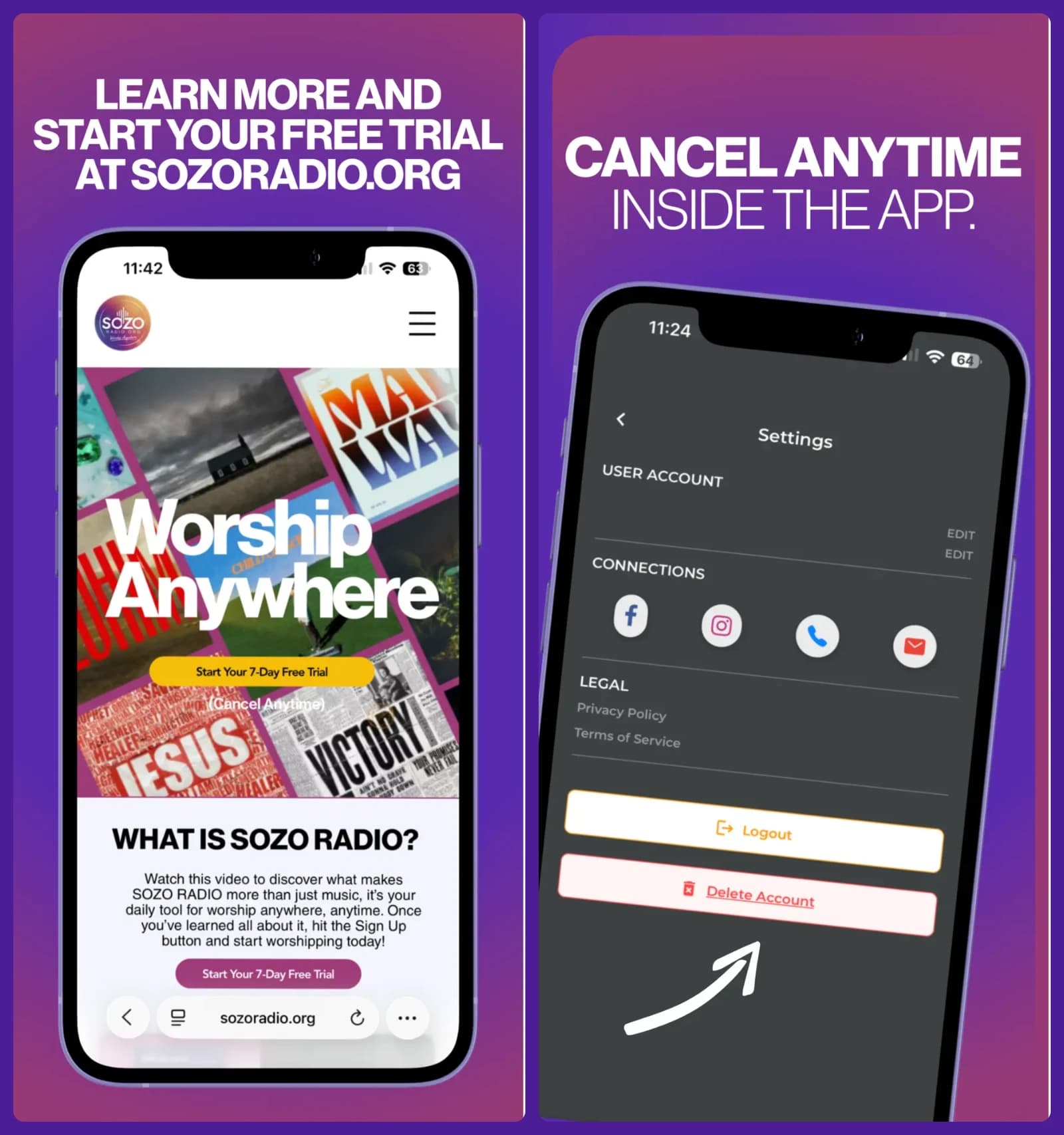 The trial sign-up flow and the in-app settings screen with cancel and delete account