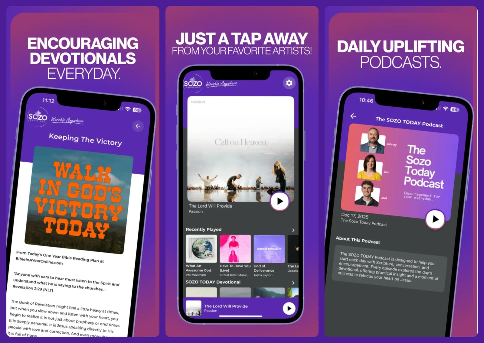 A daily devotional with scripture and artwork, alongside the podcast and recently played screens
