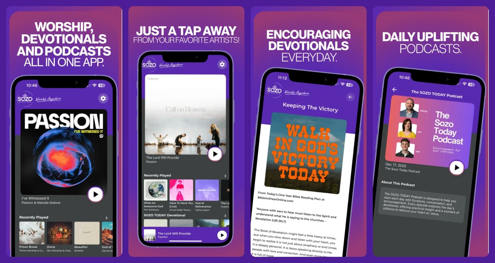 SOZO RADIO app screens: the player, the artist rail, a daily devotional, and the SOZO TODAY Podcast