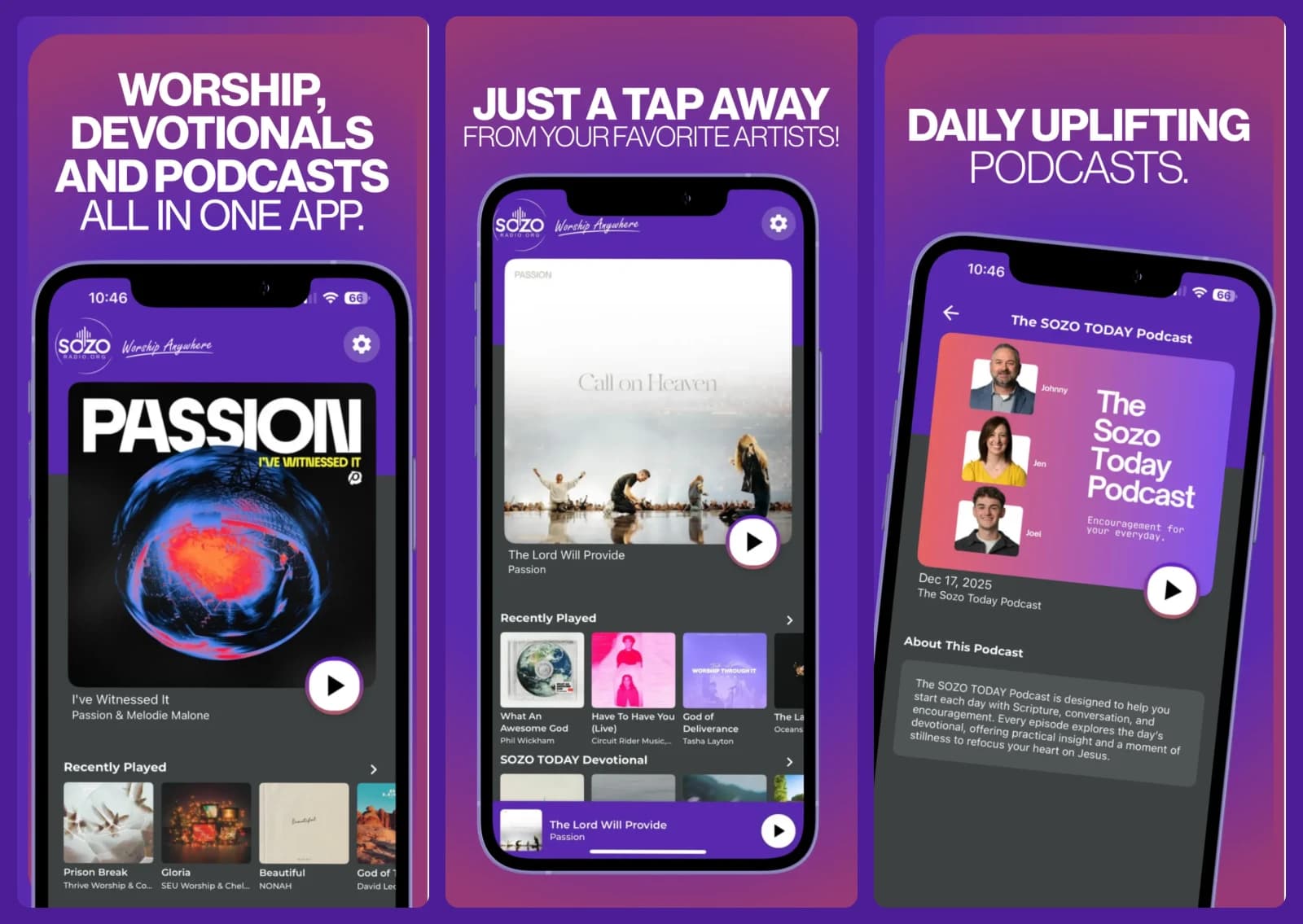 The SOZO RADIO player, the recently played rail, and the podcast screen