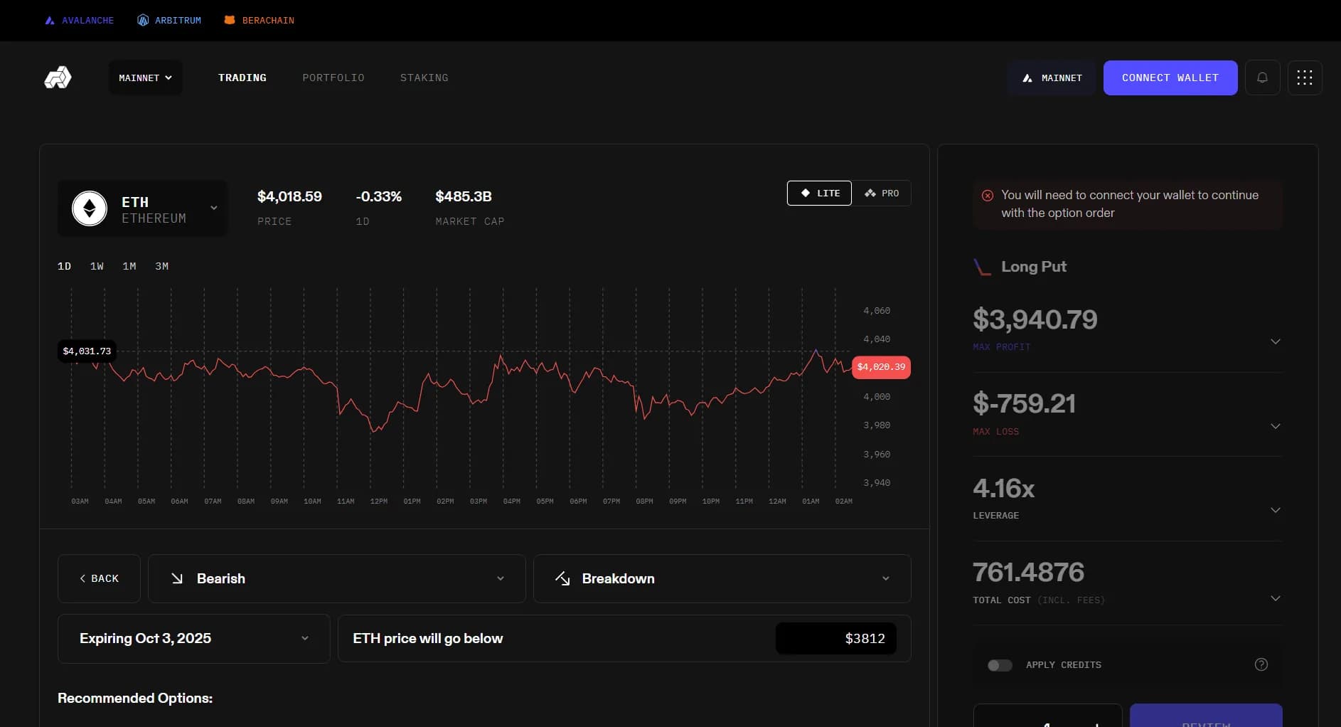 Arrow Markets Lite mode with the ETH price chart and a strategy-led order flow