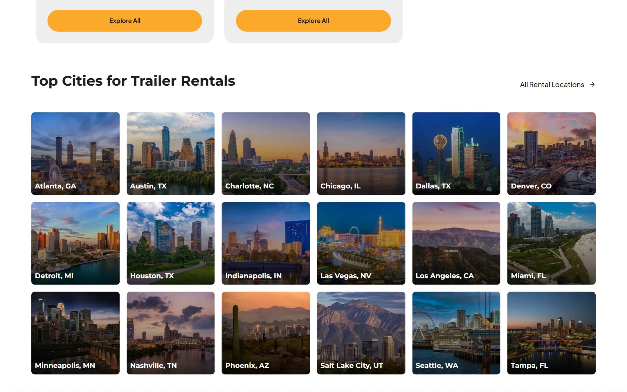The Top Cities grid on Big Rentals, linking to eighteen metro landing pages