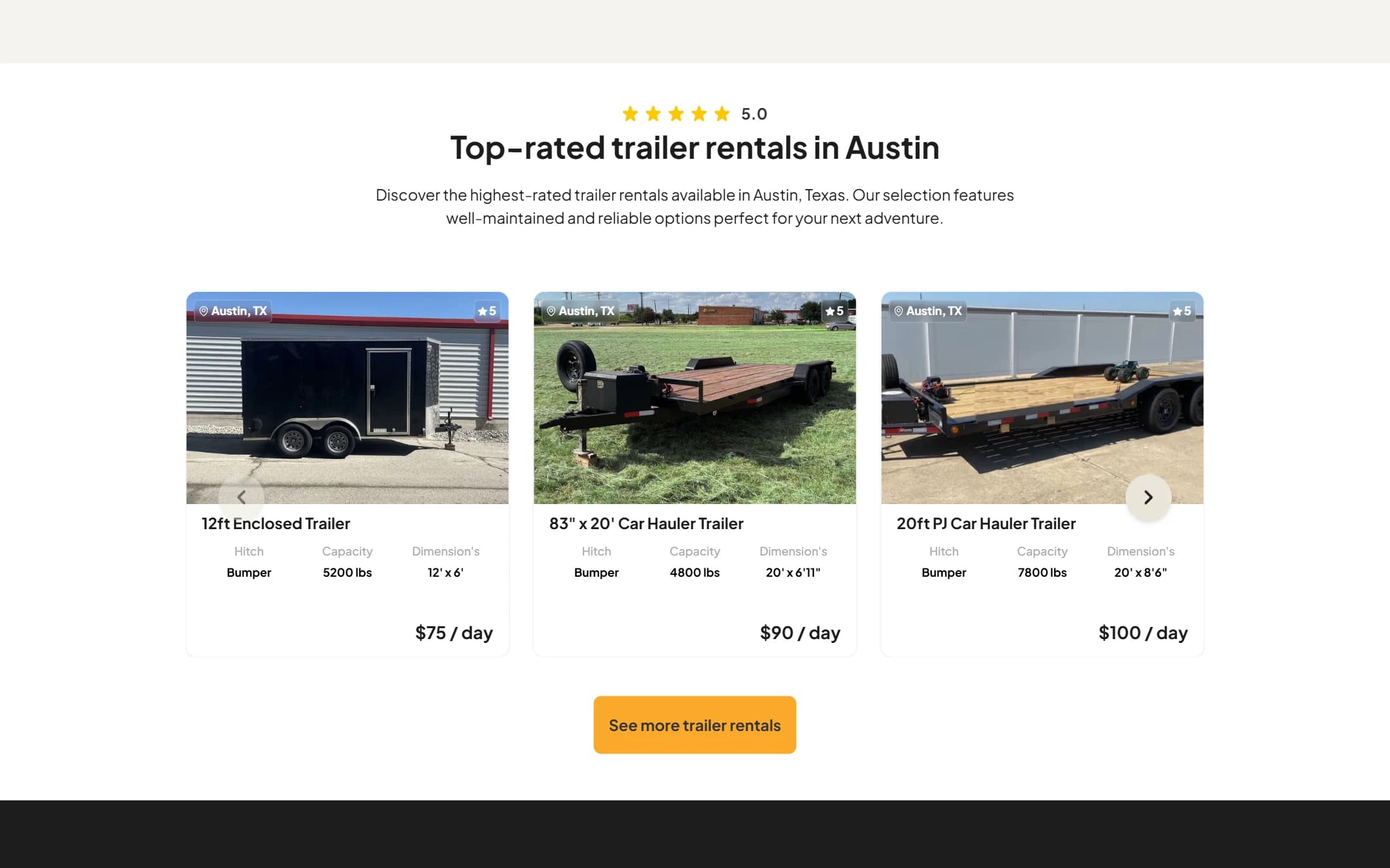 Real trailer listings and local suppliers rendered on the Austin city page