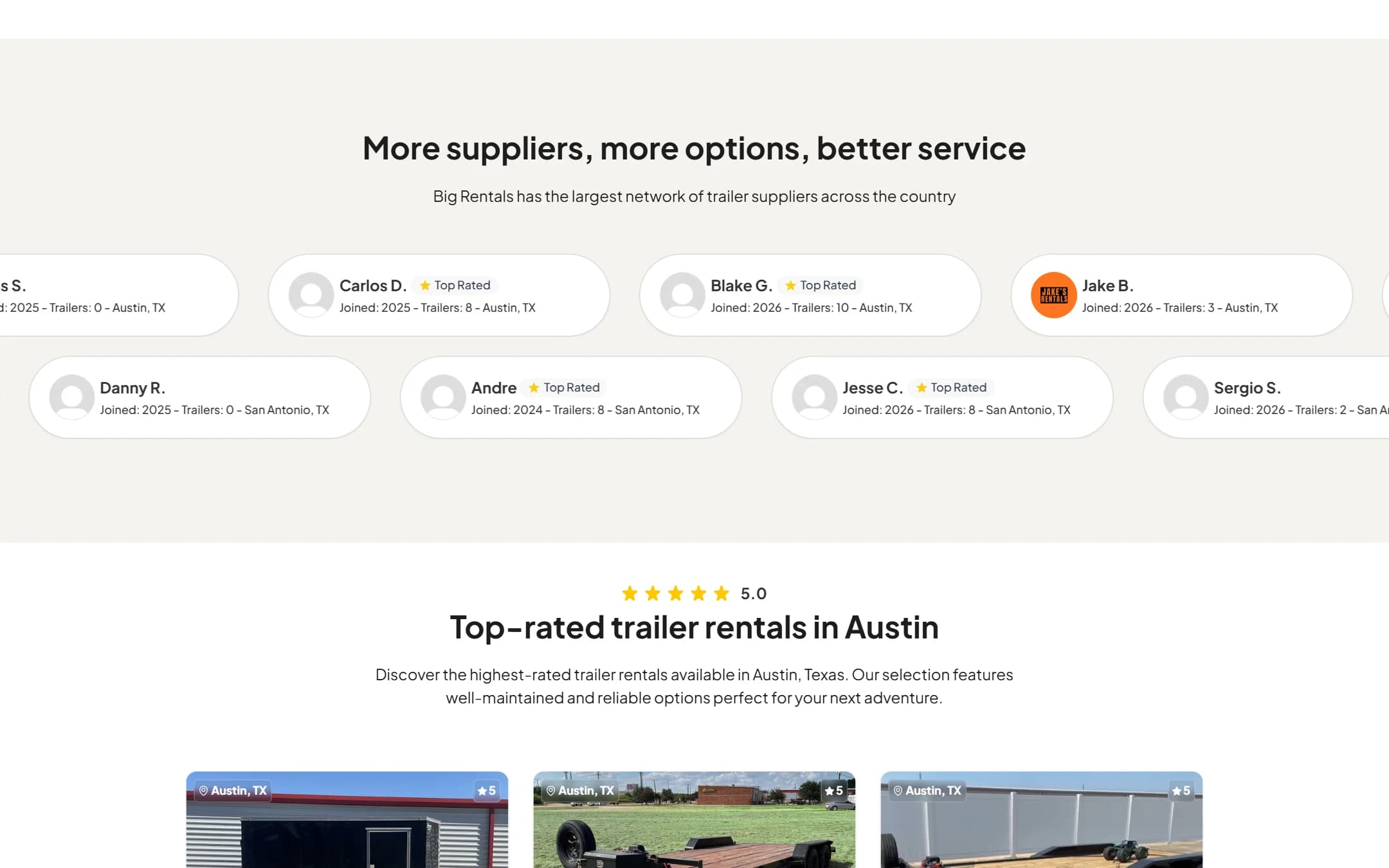 The Austin trailer rentals landing page generated from the city and category model