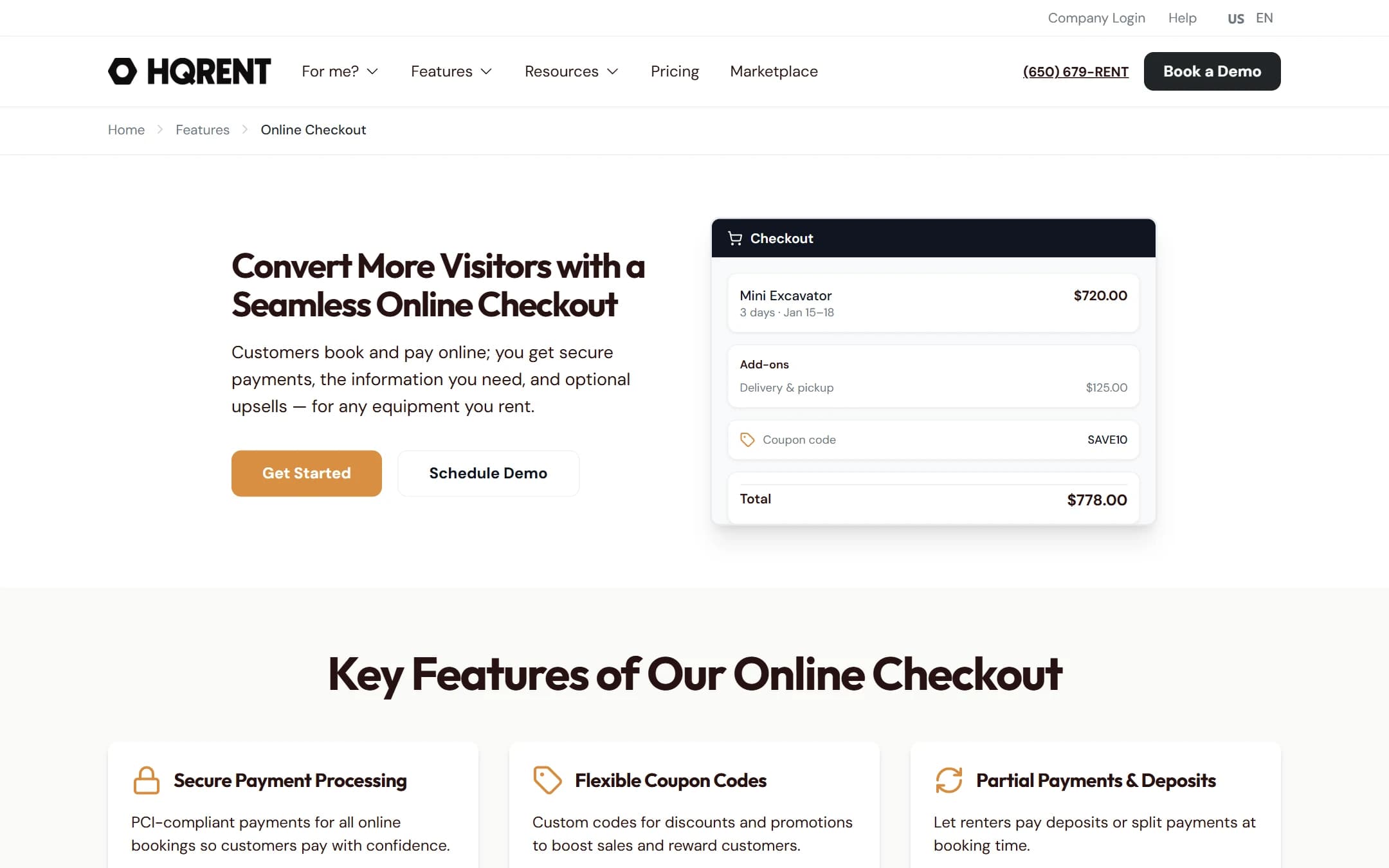 The HQRent online checkout feature page