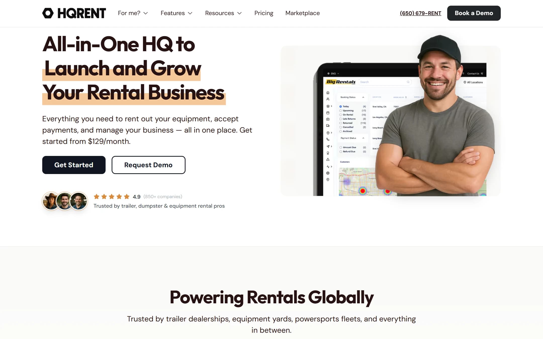 The HQRent homepage: an all-in-one HQ to launch and grow a rental business