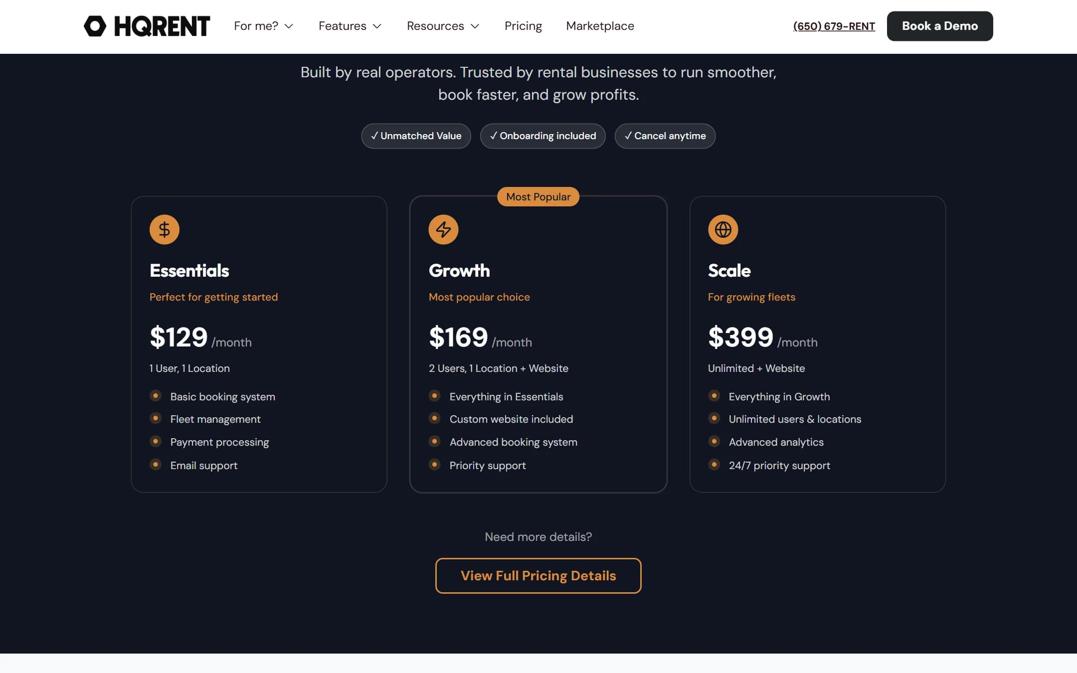 HQRent pricing tiers: Essentials, Growth, and Scale