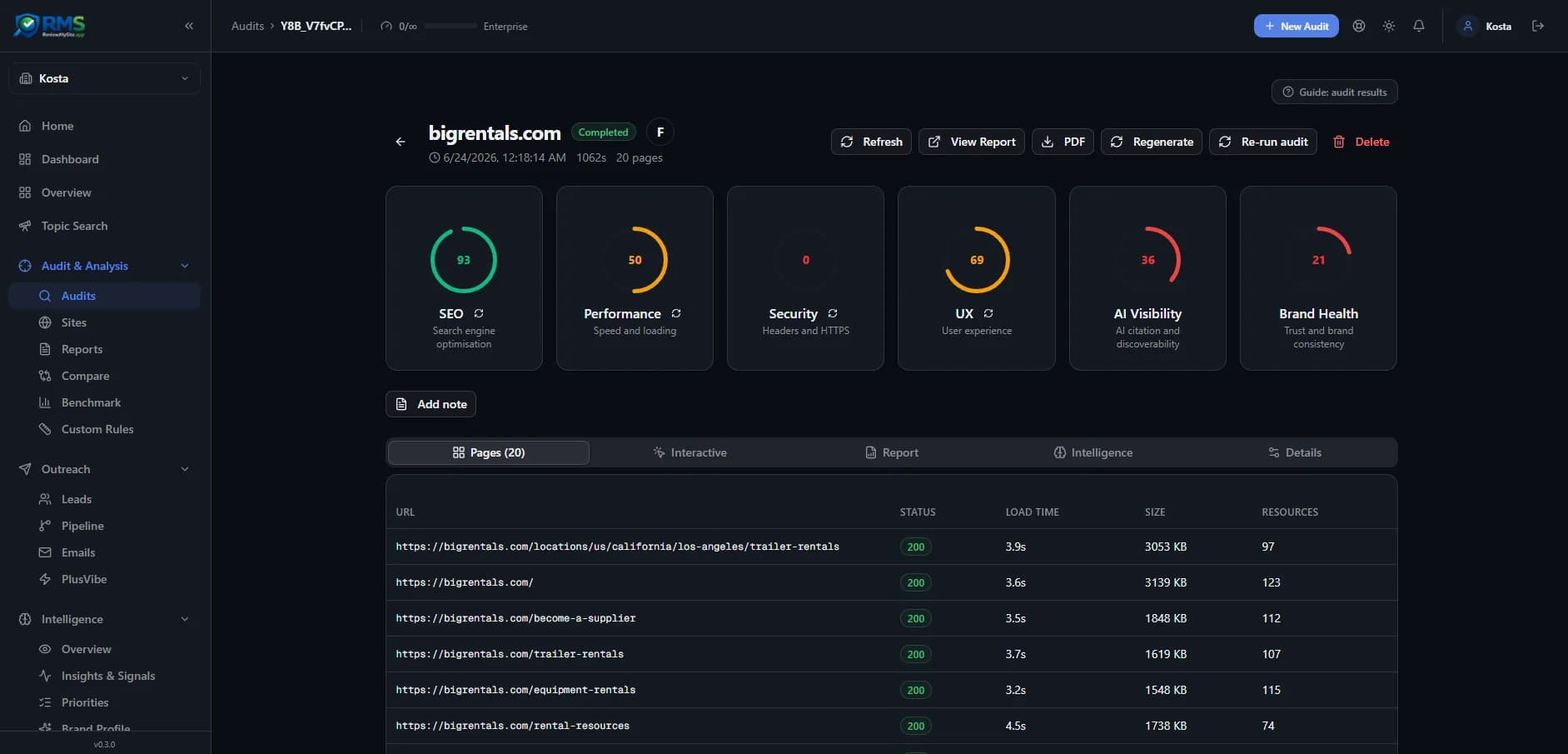Audit results with six dimension scores and the crawled page table
