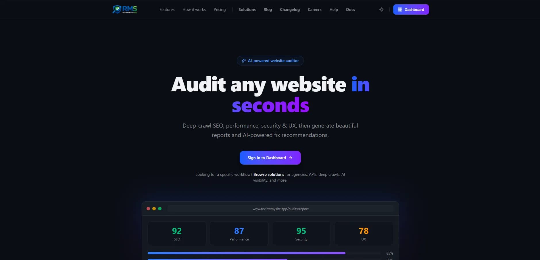Site Auditor landing page: audit any website in seconds