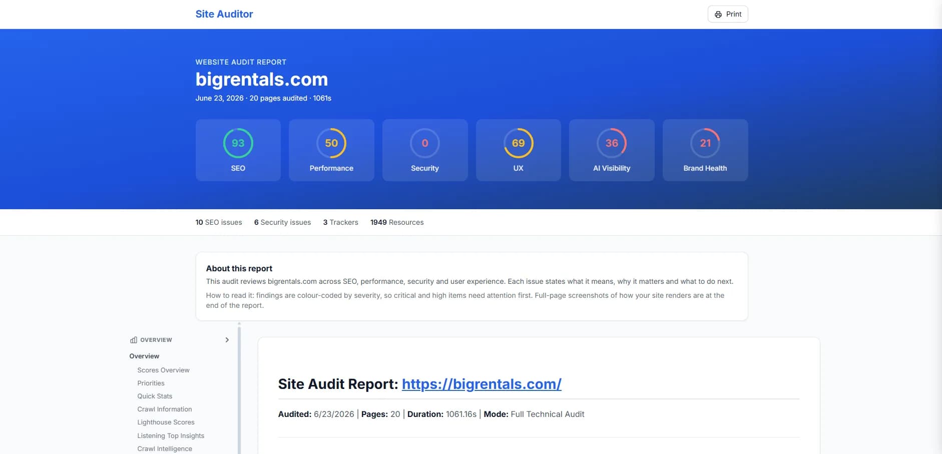 Website audit report with six scores and a plain-English explanation of the findings