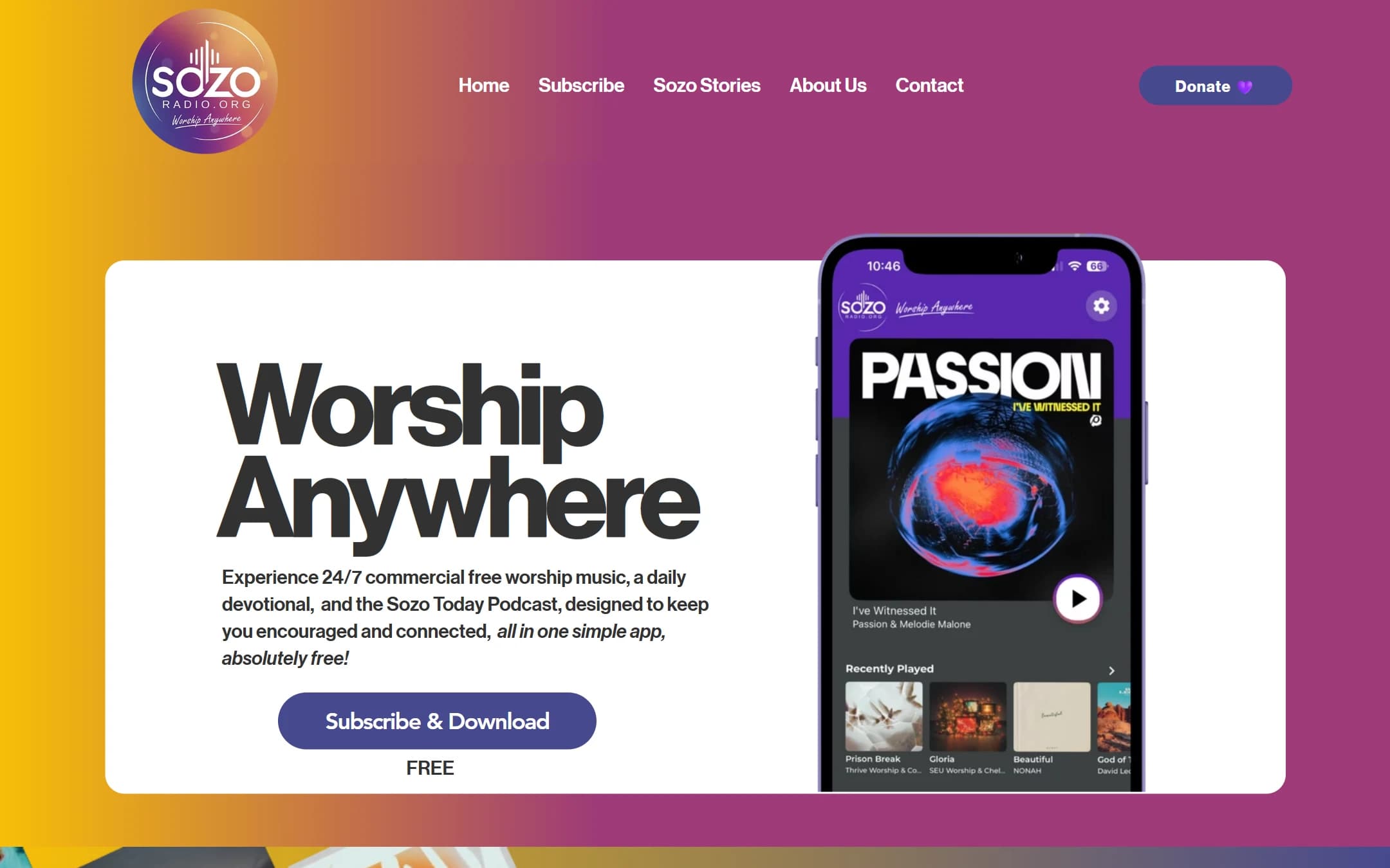The sozoradio.org homepage with the Worship Anywhere hero and the app download call to action