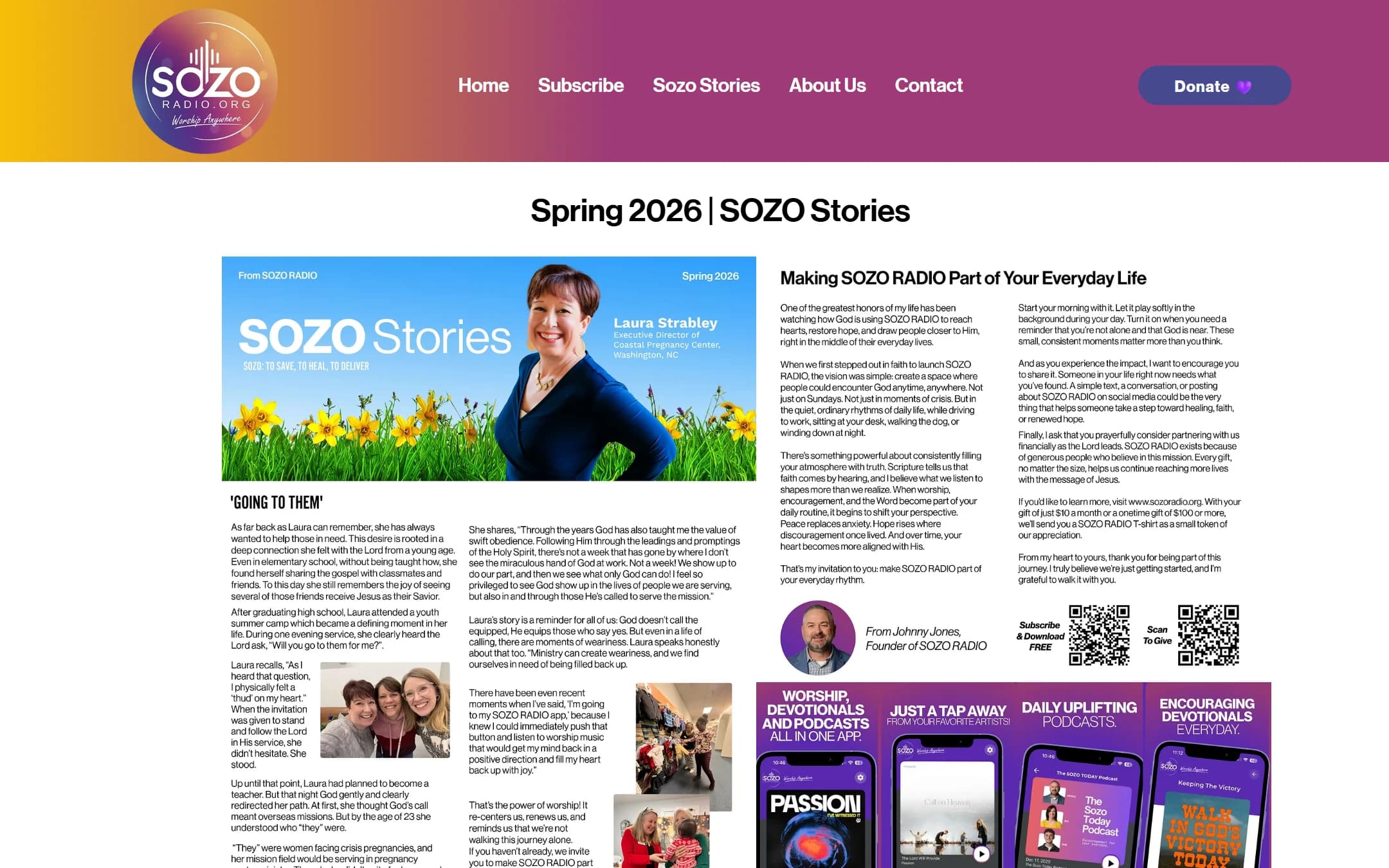 The SOZO Stories page showing the Spring 2026 issue with its QR codes